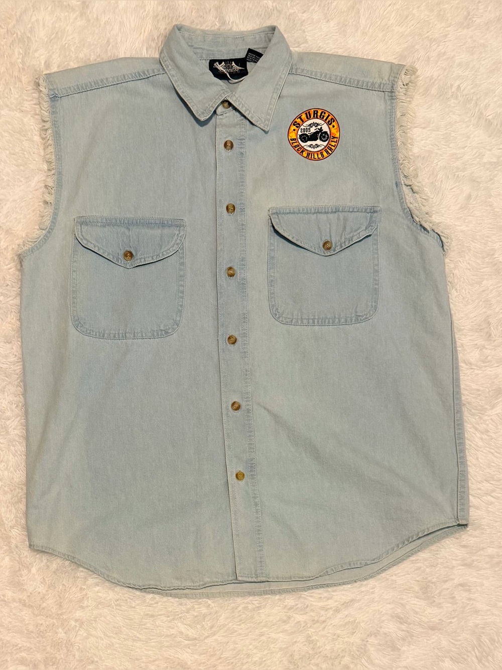 Sleeveless Light Wash Denim Shirt with Sturgis Patch